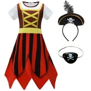 Girls Pirate Costume with Eye-patch Headband, Halloween Sea Buccaneer Dress Up 3-9 Years